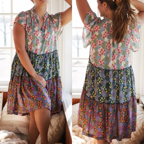 Anthropologie Penrose Tiered Tunic Dress Floral Mixed Print Boho Bohemian - Picture 3 of 12